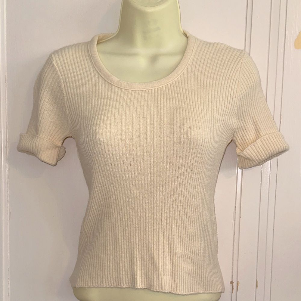 Vintage 70s/80s Cream Ribbed‎ Knit Round Neck Short Sleeve Sweater